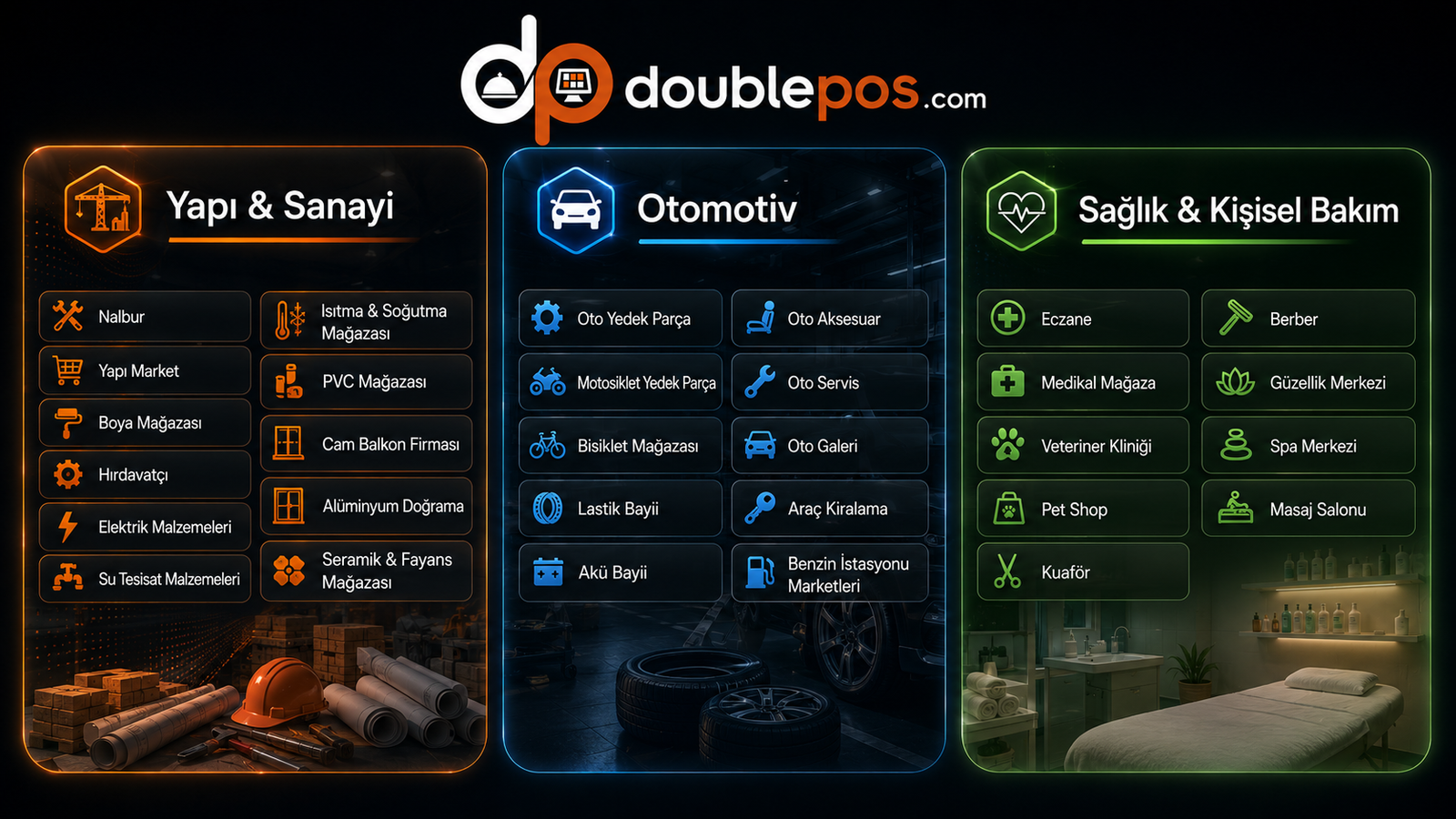 DoublePOS sektör çözümleri — yapı, otomotiv, sağlık ve zincir mağazalar